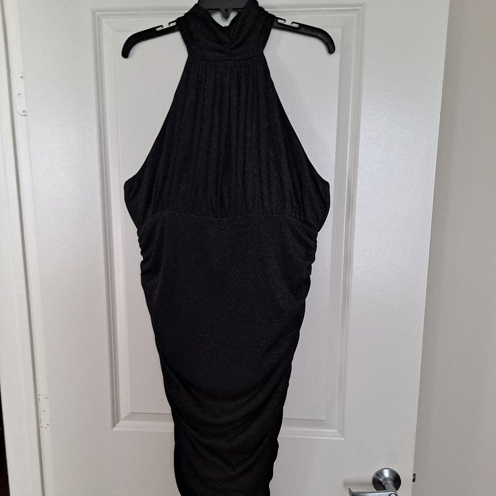 AX Paris Black Shimmer Ruched Bodycon Halter Cocktail Dress